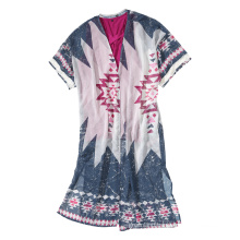 plus size women denim chiffon duster Recycled polyester fashion cover up oversize lady top long  Aztec print jacket Rpet Poncho